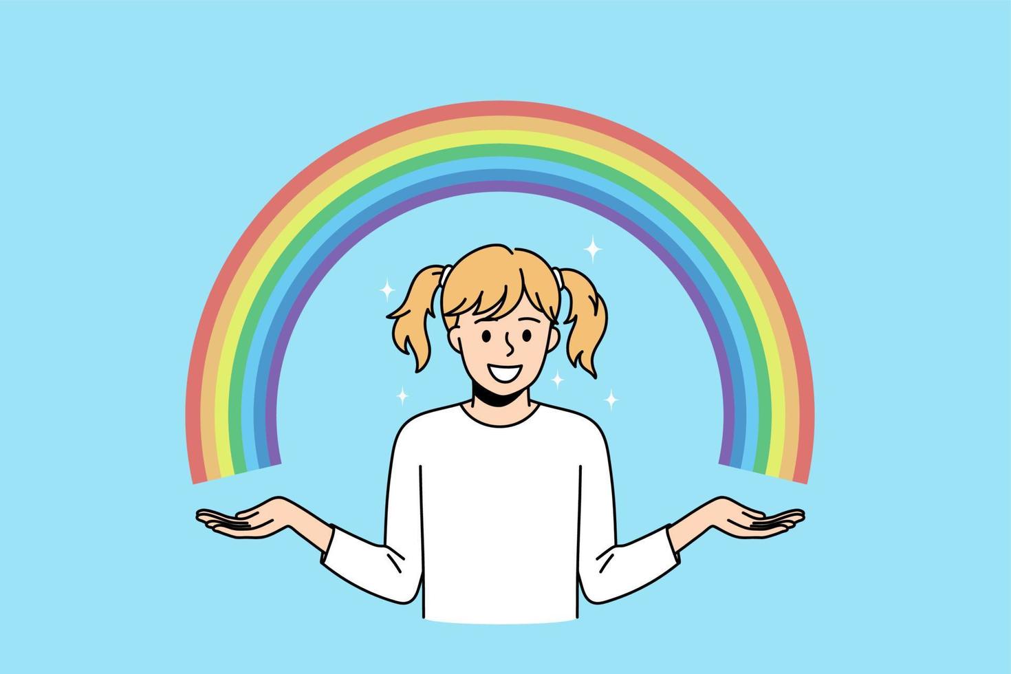 Enjoying natural rainbow colors concept. Small smiling girl standing and showing colorful rainbow with two hands over blue air background vector illustration