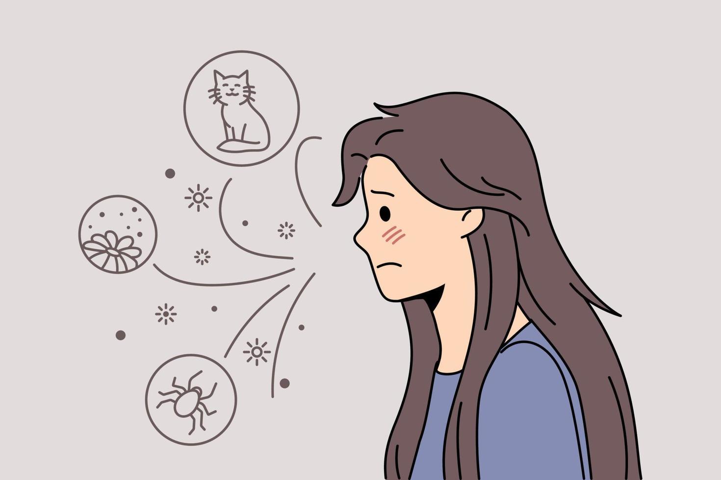 alergia y ser alérgico concepto. mujer triste con alergia pensando en gatos floreciendo flores e insectos sintiéndose decepcionada ilustración vectorial vector