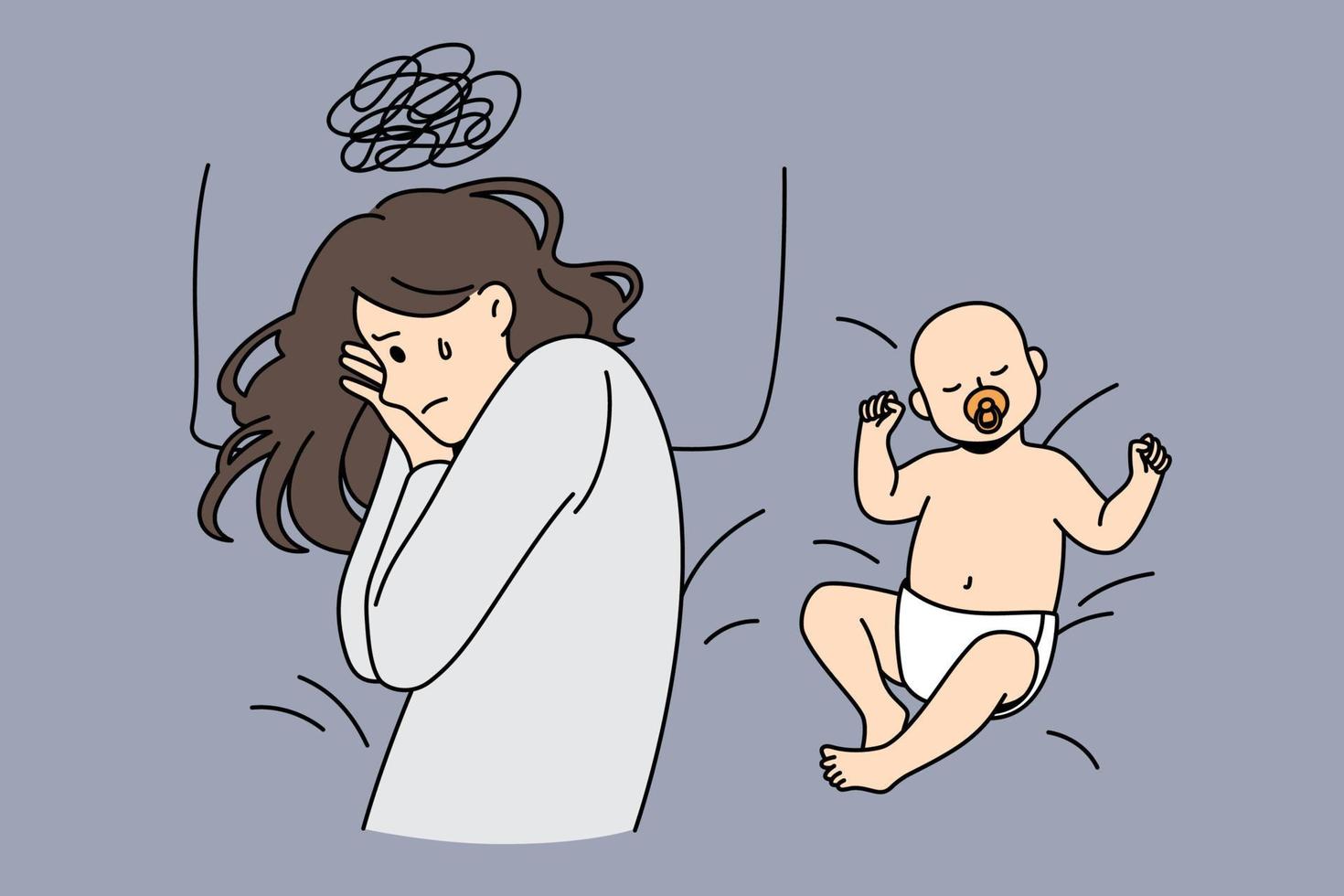 Postpartum depression and parenthood concept. Young depressed sad mother with tough thoughts lying in bed with happy sleeping baby nearby vector illustration