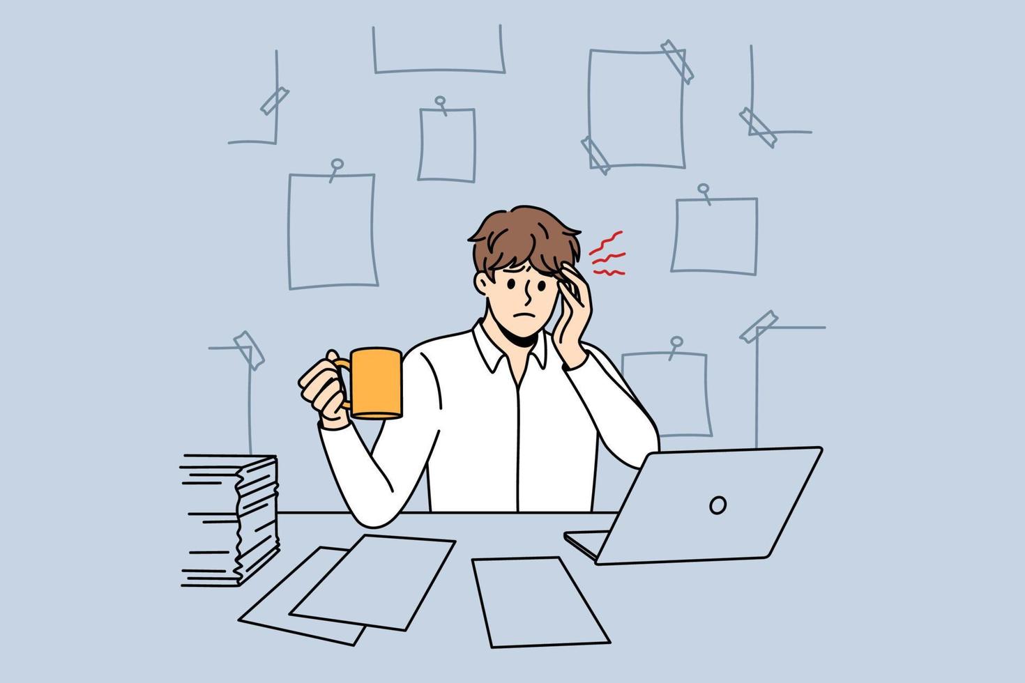 Office job and headache concept. Young man office worker sitting at laptop with papers and coffee having head ache touching temple feeling pain vector illustration