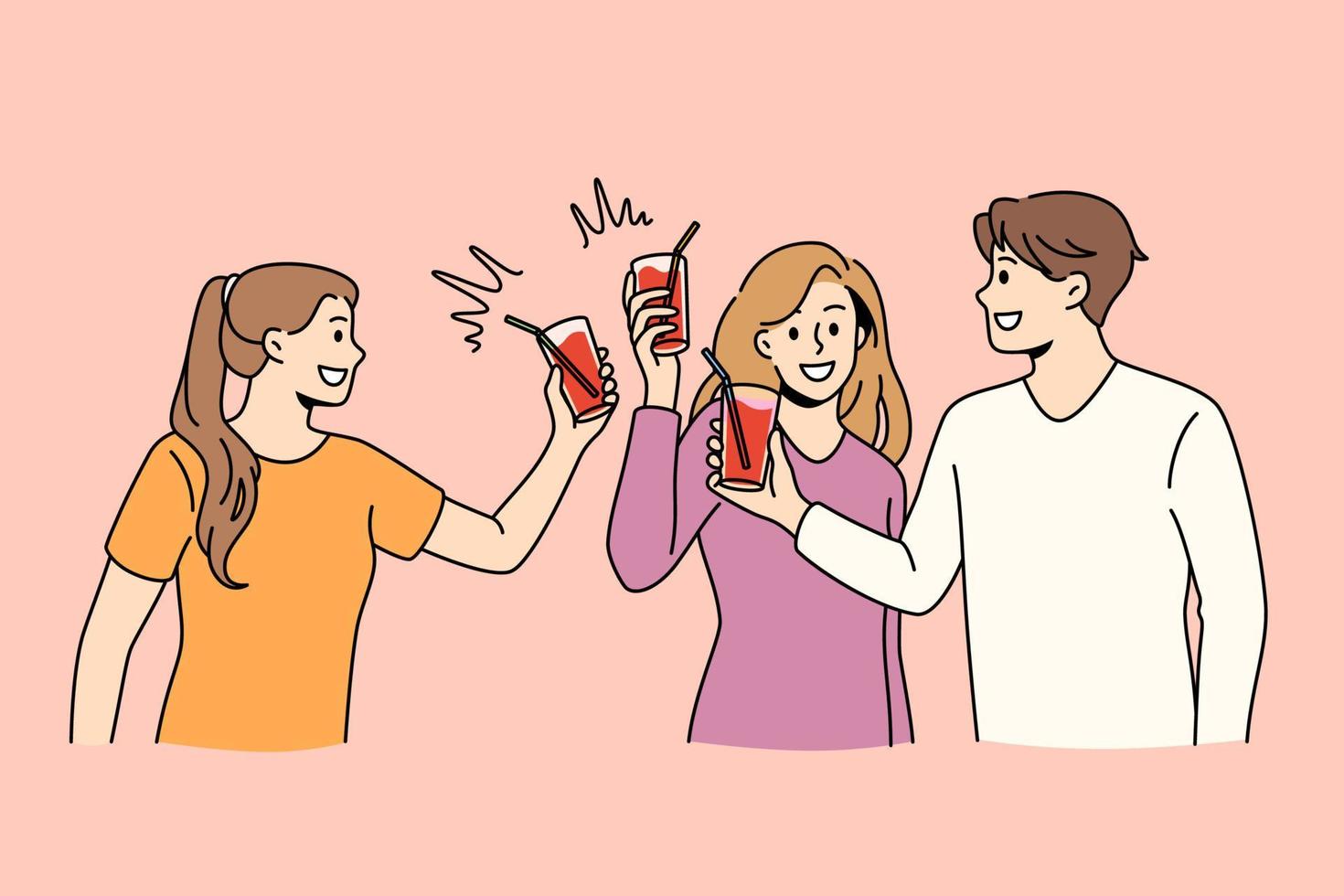 celebración de vacaciones y concepto de fiesta. grupo de jóvenes amigos tintineando vasos con un cóctel divirtiéndose juntos durante la celebración de la ilustración del vector de la fiesta del evento