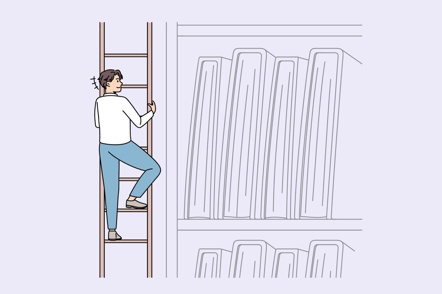 Searching for information and knowledge concept. Smiling man climbing on ladder trying to reach on top shelf ta take documents or books vector illustration