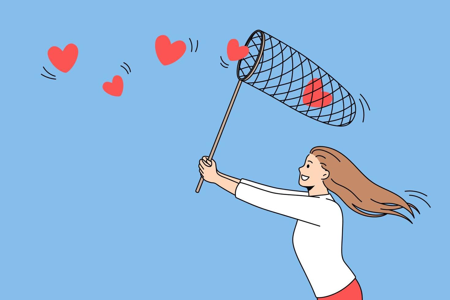 Searching for love and romance concept. Young positive girl running trying to collect flying red hearts in net over blue air background vector illustration