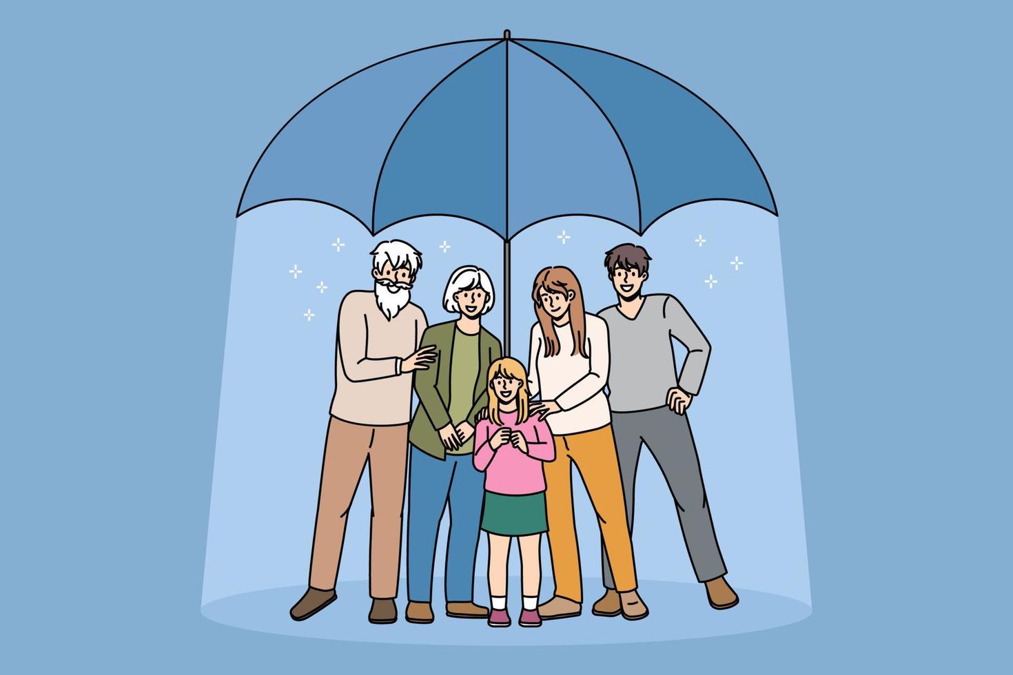 Protection of family and care concept. Big happy family mother father daughter and grandparents standing hugging under huge umbrella feeling confident and positive vector illustration