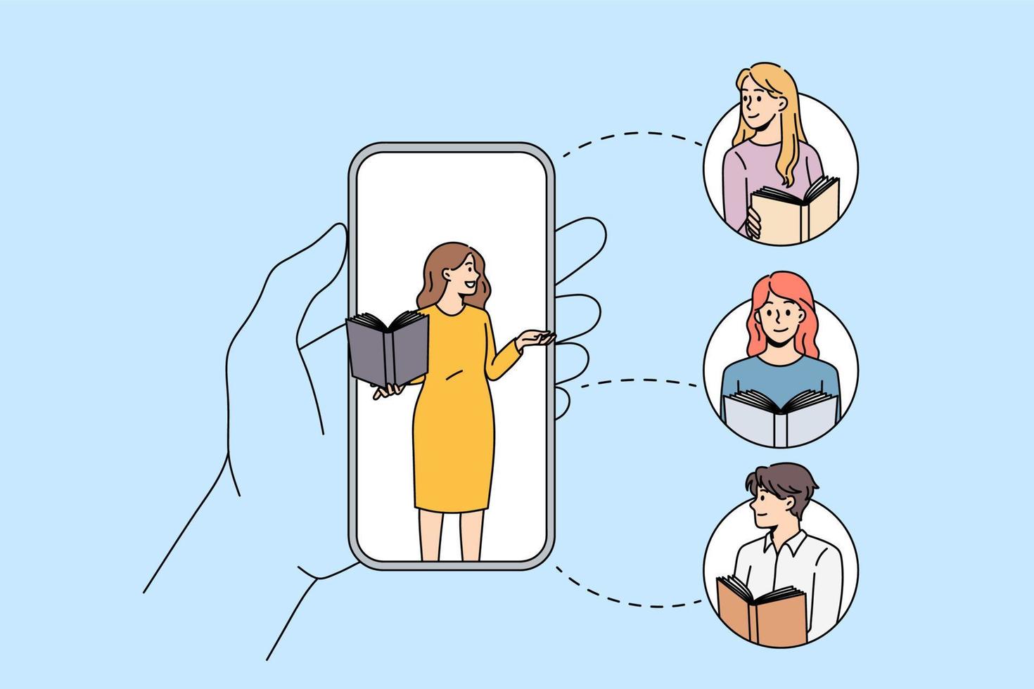 Online education and lesson concept. Young woman teacher explaining material of lesson to children learning online on smartphones vector illustration