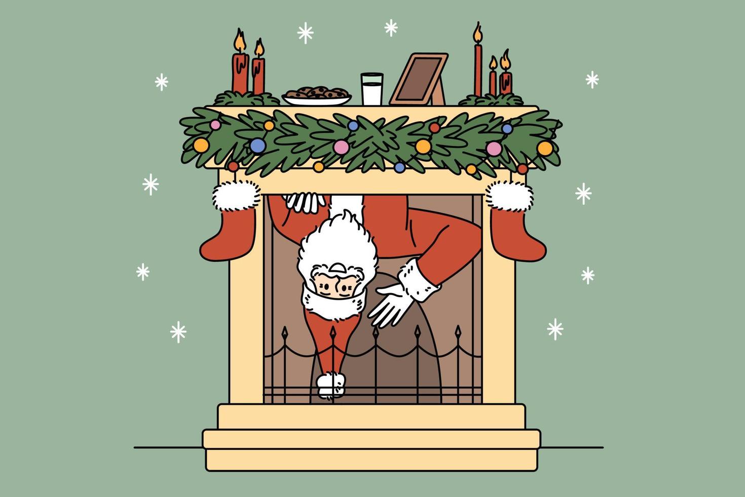 Christmas and Near year holidays concept. Santa Claus in traditional red costume and hat hanging in chimney ready to get presents in socks vector illustration