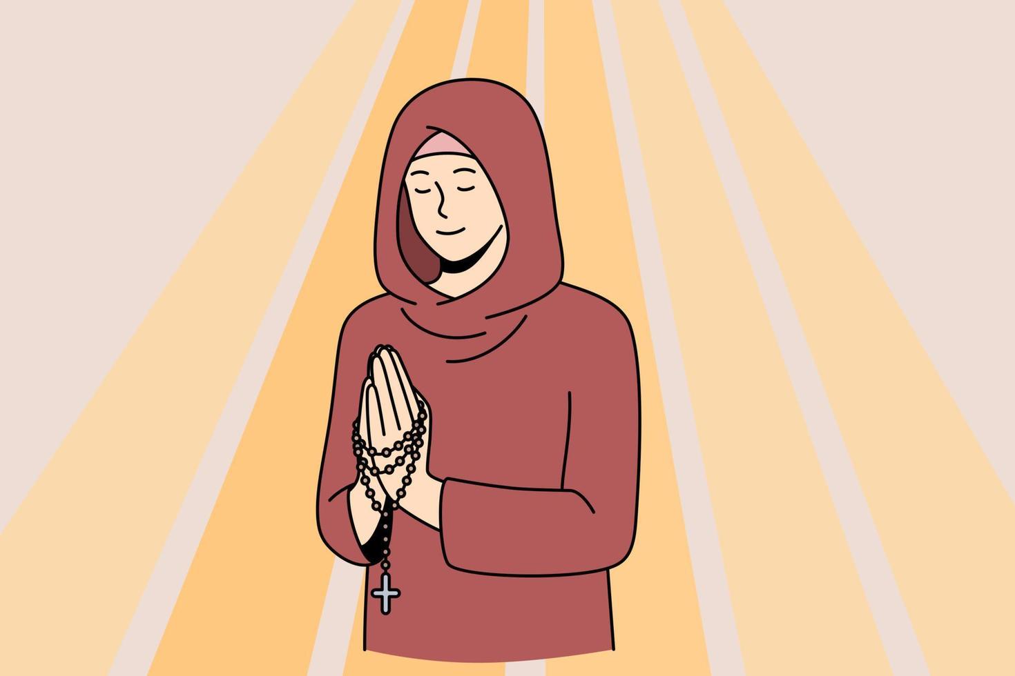 Religion and spiritual believe concept. Young smiling woman nun with eyes closed in hood standing with hands crossed and praying in ray of light vector illustration