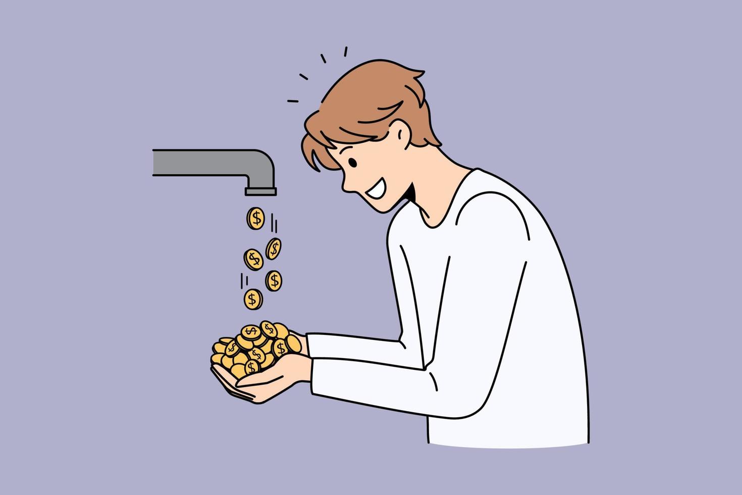 éxito financiero y concepto de beneficio. joven empresario sonriente de pie tomando monedas de oro que van del grifo sintiendo una dinámica positiva ilustración vectorial vector