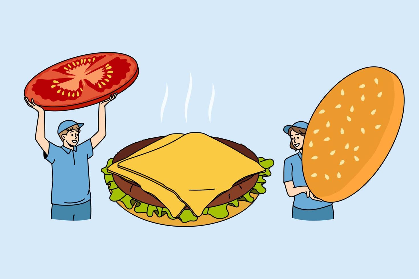concepto de comida rápida y elaboración de hamburguesas. jóvenes trabajadores en delantal haciendo hamburguesa con queso agregando tomate y cubriendo con ilustración de vector de bollo