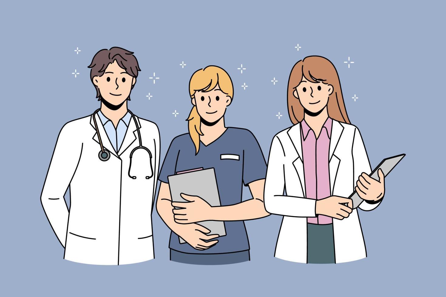 Healthcare medicine and doctors concept. Group of young smiling doctors with stethoscope and nurse standing with documents and looking at camera as team vector illustration