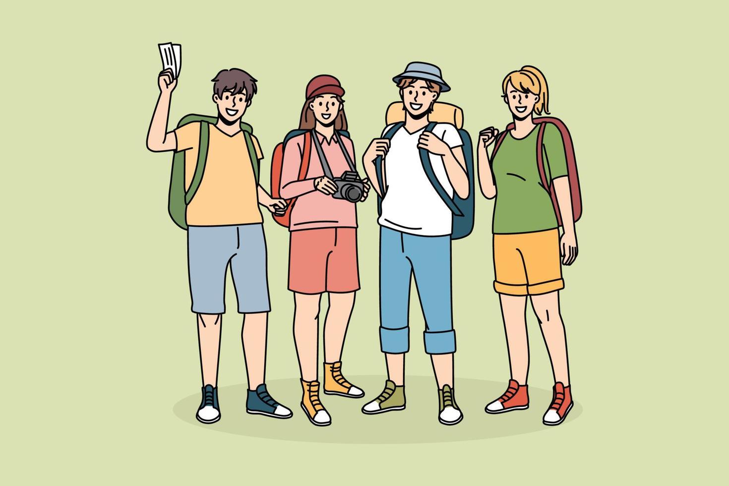 Hiking backpacking and tourism concept. Group of young smiling travelers backpackers standing with camera feeling excited with trip vector illustration