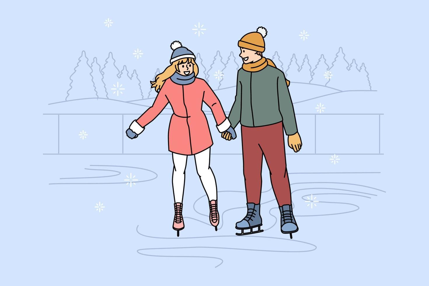 Winter activities and sport concept. Young couple boy and girl holding hands skating on rink outdoors in winter having fun together vector illustration