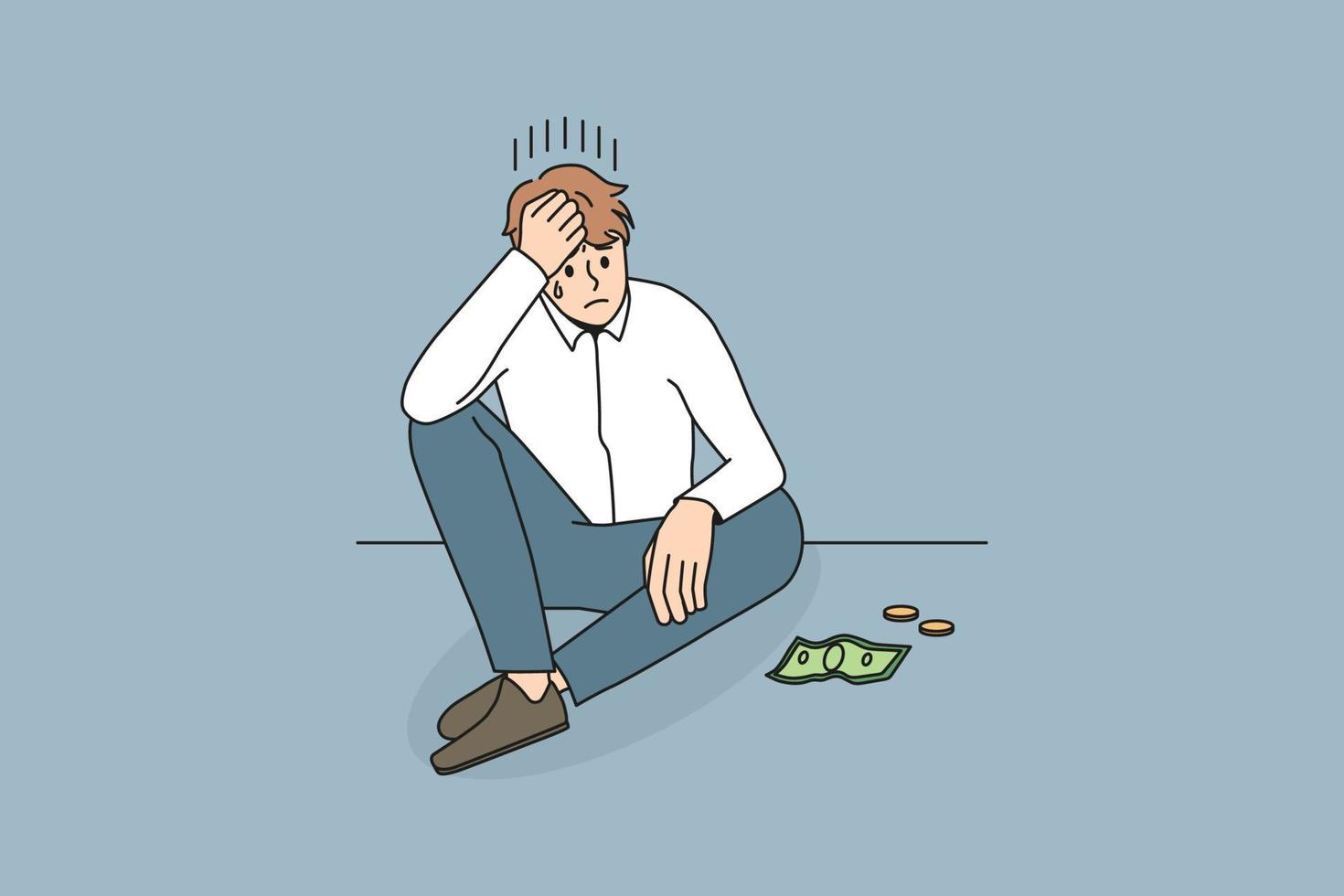 concepto de pobreza y crisis financiera. triste, estresado, decepcionado, hombre de negocios, sentado, y, mirar, poco, dinero, efectivo, y, monedas, sentimiento, infeliz, vector, ilustración vector