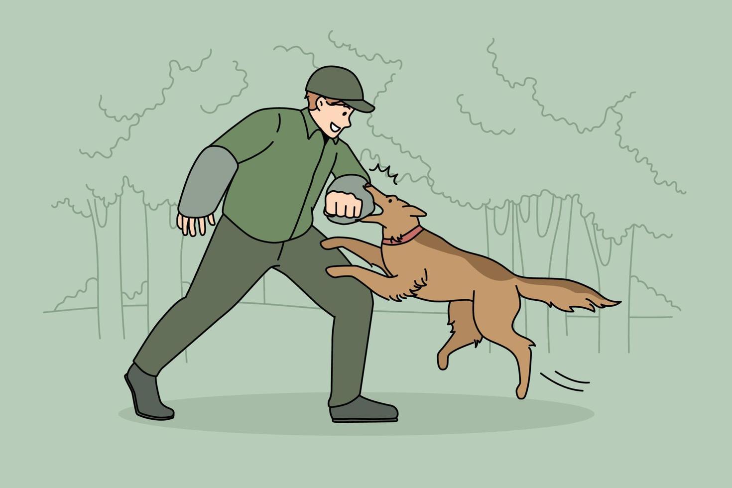 concepto de entrenamiento y educación de perros. hombre joven dueño de una mascota o entrenador entrenador perro al aire libre en el parque sintiéndose juguetón ilustración vectorial vector