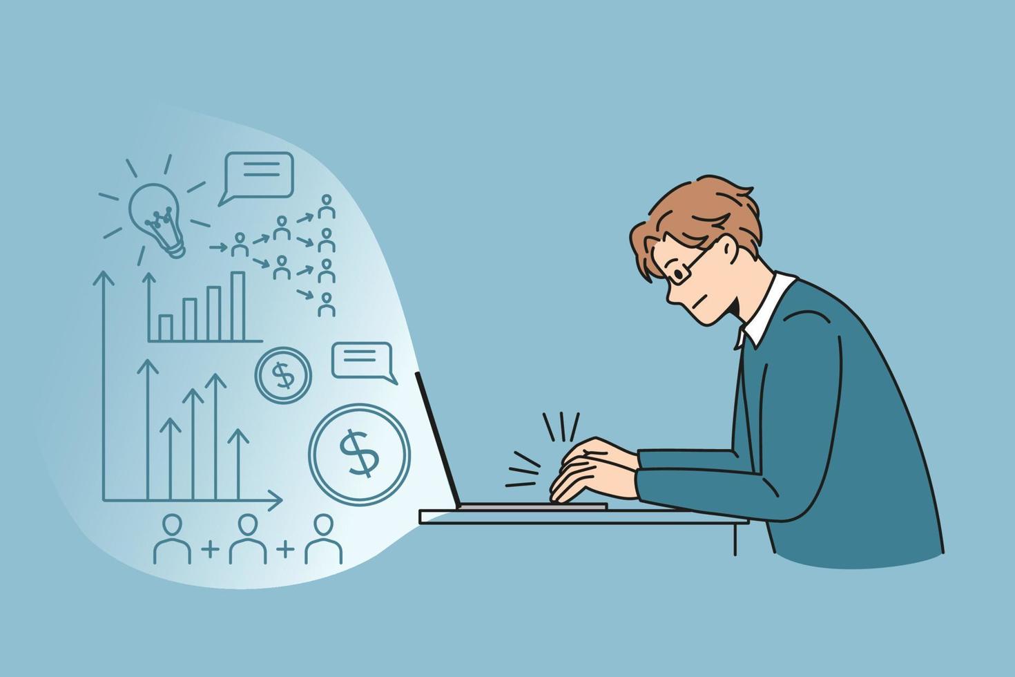 Freelance, innovation and startup concept. Young man businessman sitting working at laptop innovating business project online making money vector illustration