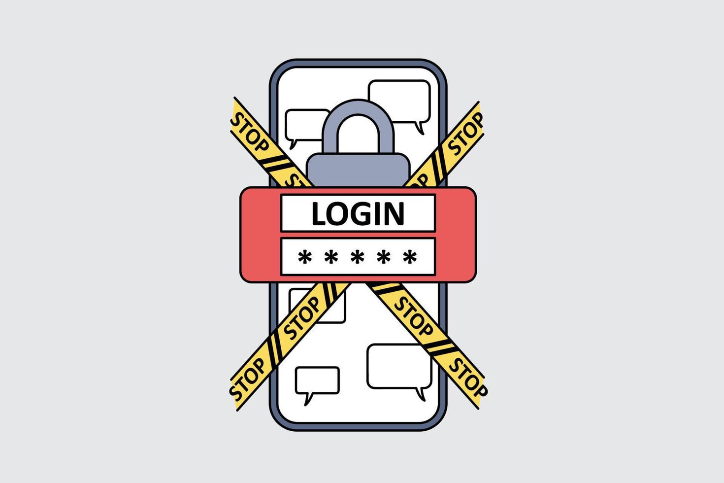 Personal identification and safety concept. Smartphone screen with login password and stop signs crossing it with lock and chat messages in application vector illustration