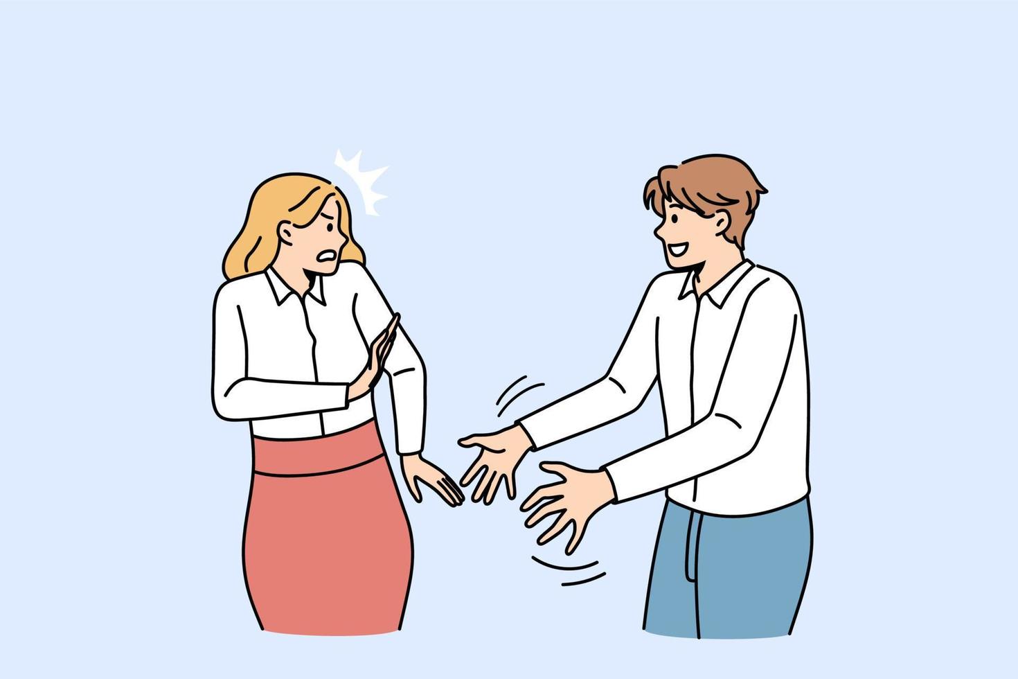 Personal distance and boundaries concept. Smiling positive man worker standing trying to touch female colleague with stressed face and pushing him hands vector illustration