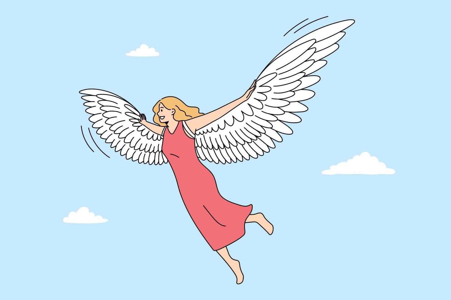 Freedom imagination and flight concept. Smiling blonde woman barefoot flying levitating in air in dress with angel or bird wings on back feeling free in sky vector illustration