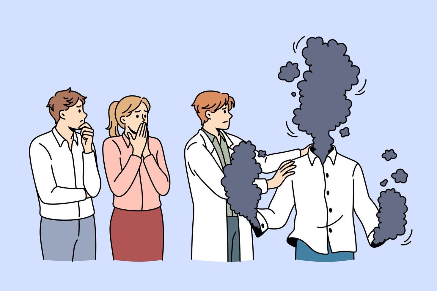 Physical injuries and burns concept. Group of shocked people standing looking at man doctor trying to help burning man with injuries with smog instead of head and hands vector illustration