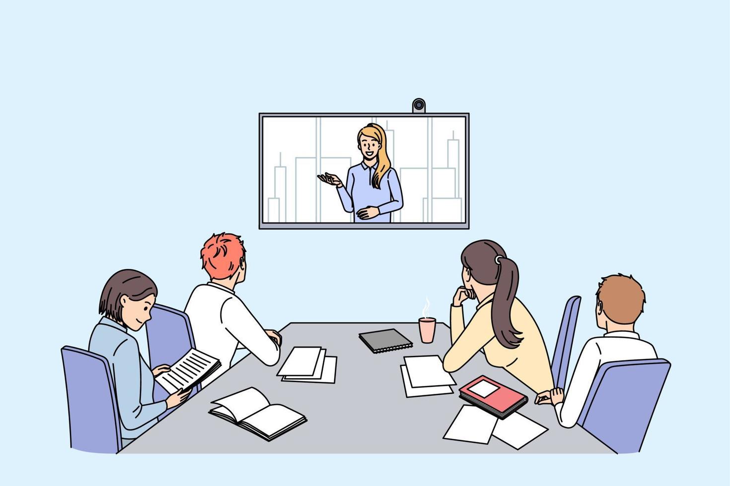 Business coaching and online Discussion concept. Group of young smiling colleagues women and men sitting backwards in office listening to woman making presentation online vector illustration