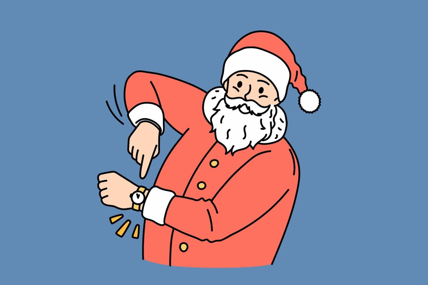 Christmas and New year holidays concept. Smiling Santa Claus in traditional red costume and cap standing and pointing in hand watch meaning new year coming vector illustration