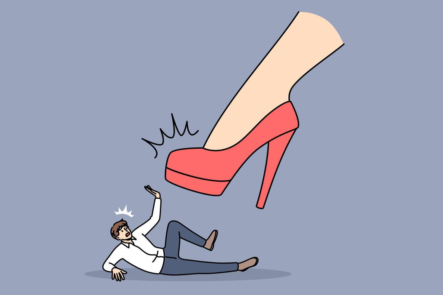 Strength of woman manipulating concept. Female foot in red shoes with high heels reaching for and trying to push tine young afraid man asking to stop vector illustration