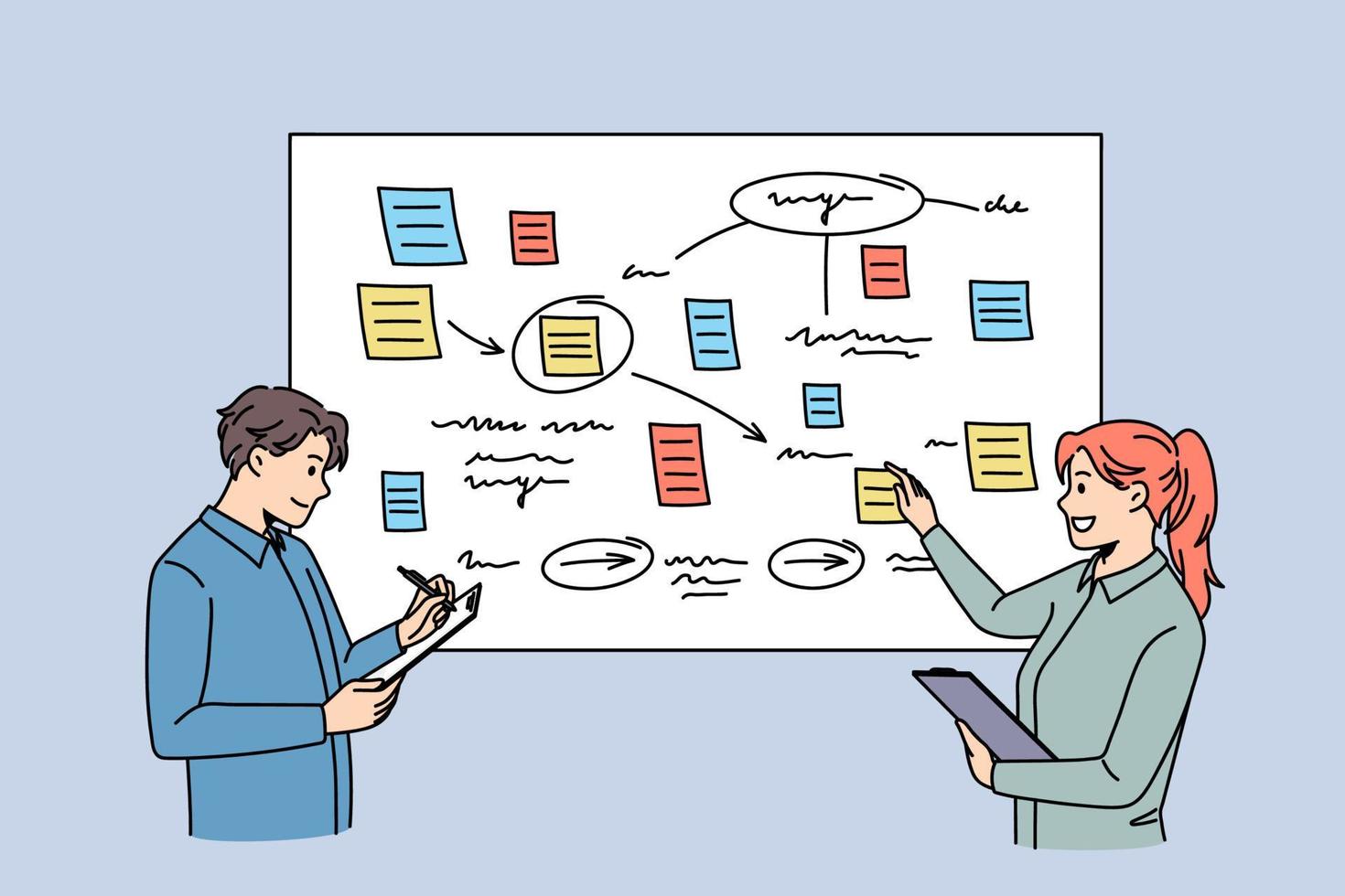 Discussion and business partners concept. Young smiling colleagues woman and man standing at presentation with notes discussing ideas together vector