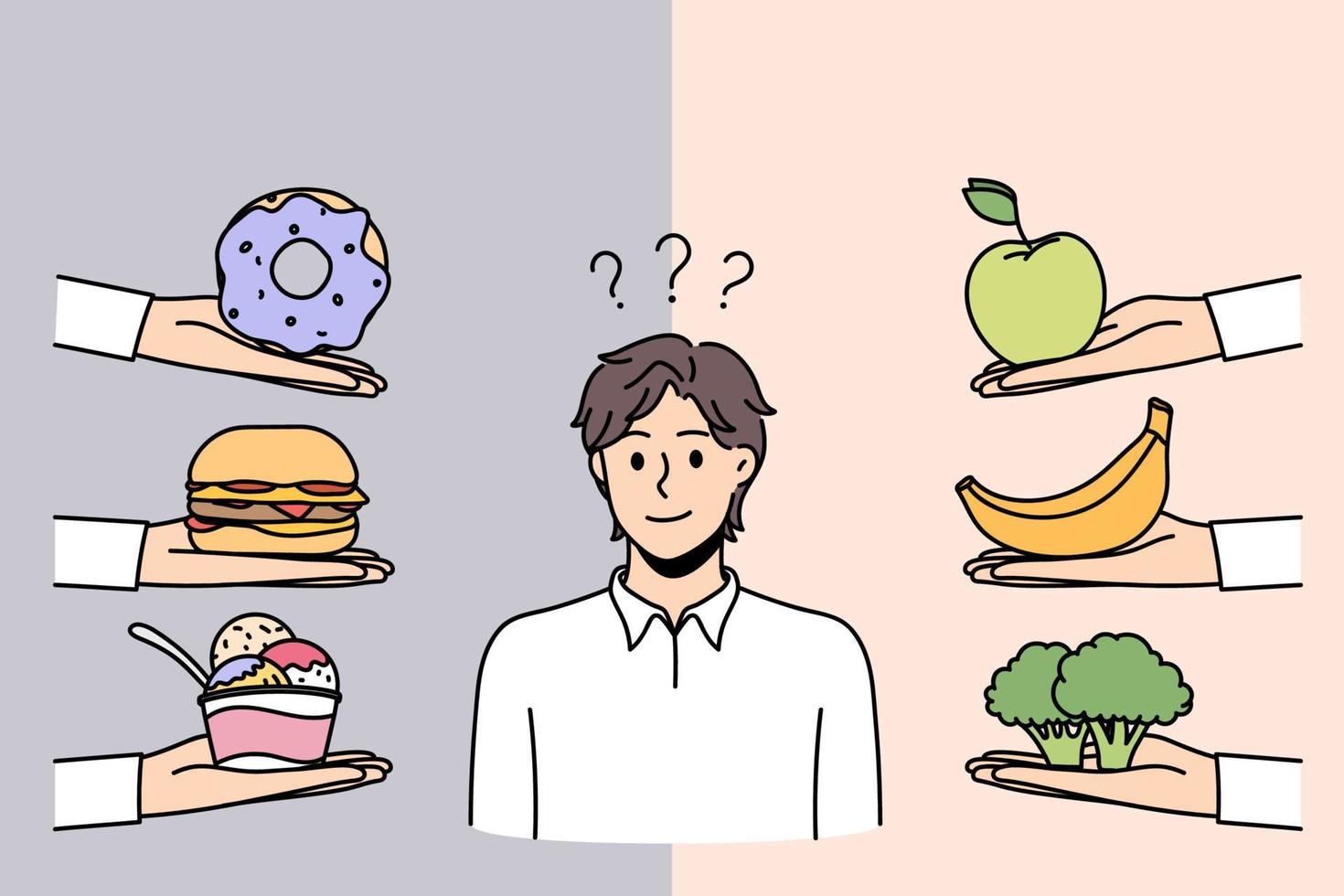 Choosing lifestyle and diet concept. Young frustrated man standing trying to choose between healthy balanced vegetarian foods and fast food vector illustration