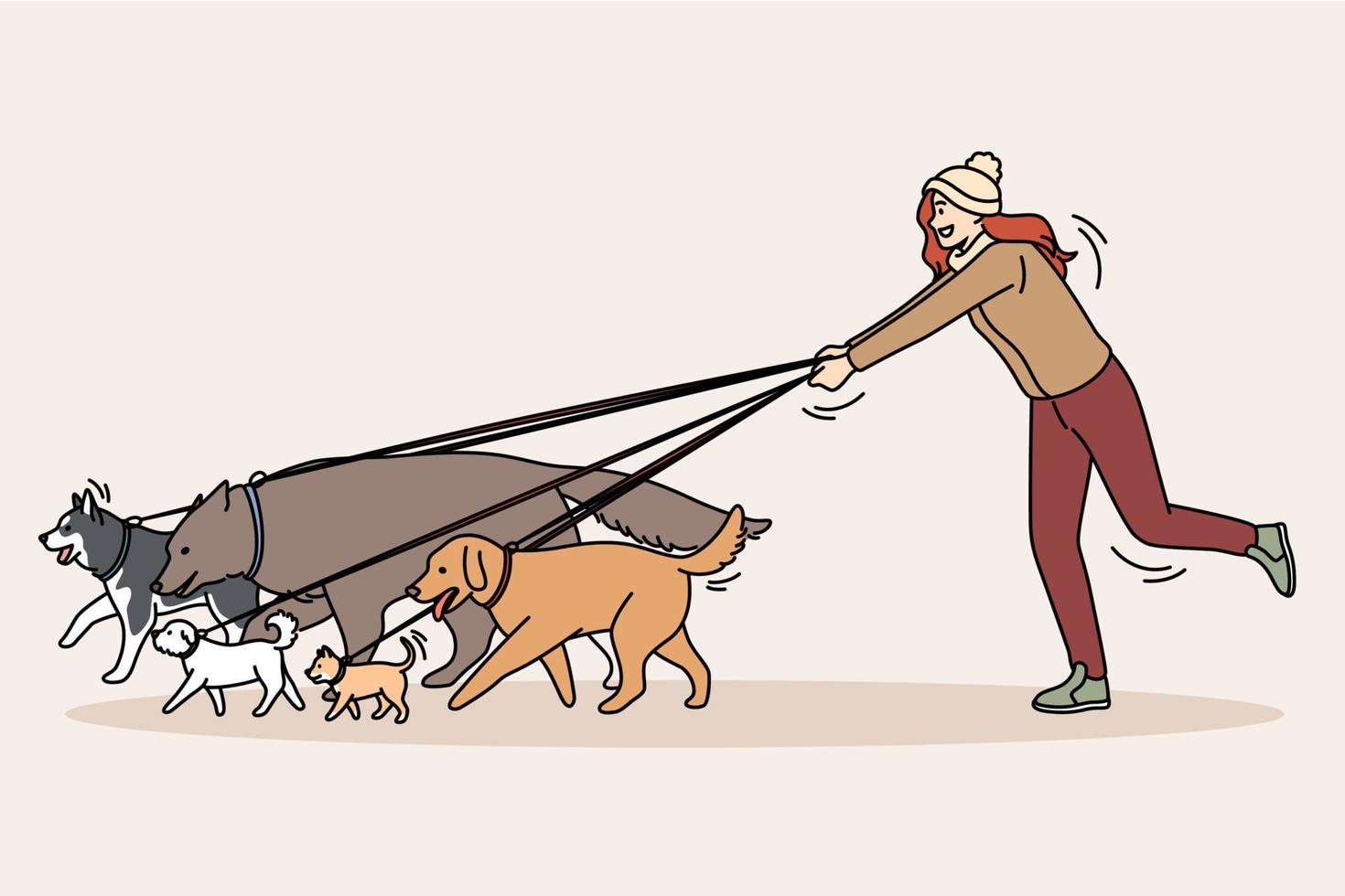 concepto de amor a los animales y perros. joven sonriente paseando muchos perros pequeños y grandes con correas al aire libre disfrutando de la ilustración vectorial de la compañía vector