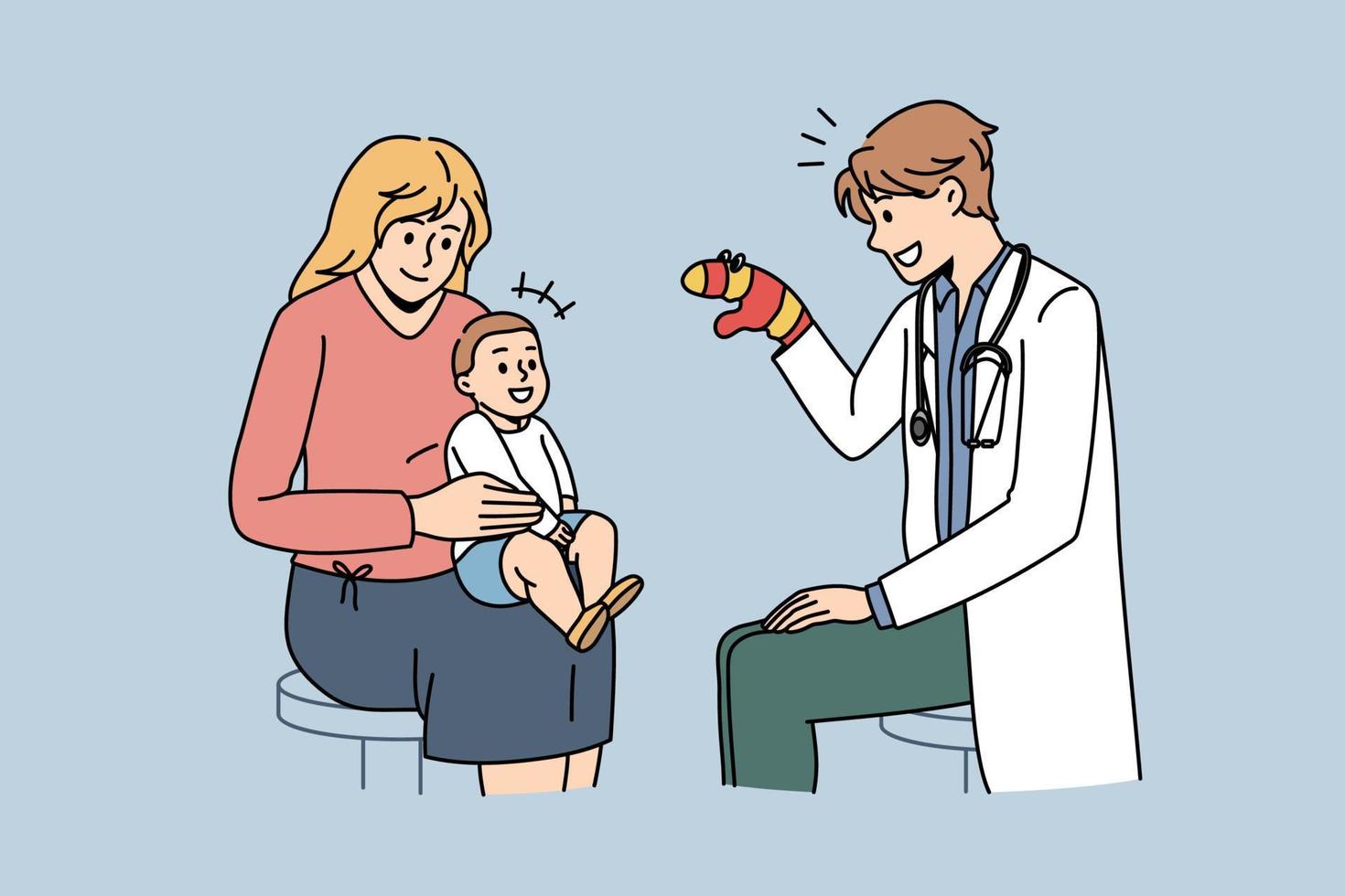 pediatra que trabaja con el concepto de bebés. joven pediatra sonriente sentado y jugando con un bebé pequeño en las rodillas de las madres con ilustración de vector de manopla