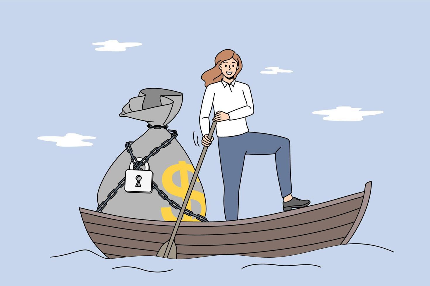 Financial success and profit concept. Young smiling business woman standing in boat and riding with huge bag of money closed with lock vector illustration