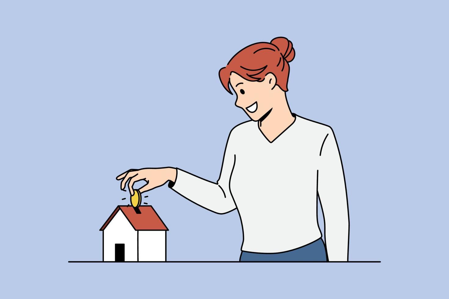 Saving money for buying apartment concept. Young smiling woman standing and putting golden coin to small tine house apartment real estate vector illustration