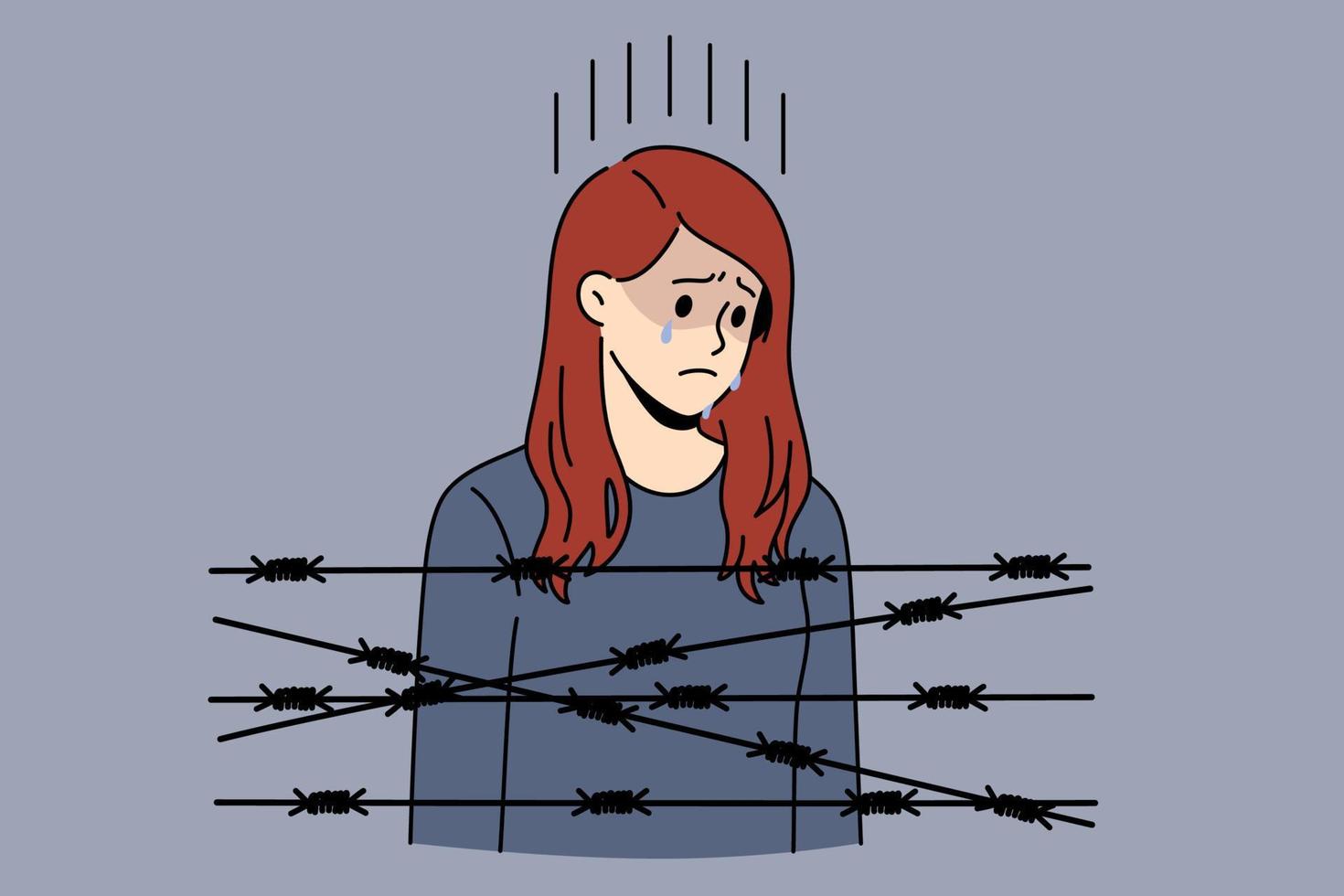 Captivity slavery and depression concept. Young sad depressed woman standing crying with barbed wire in front feeling no free and lonely vector illustration