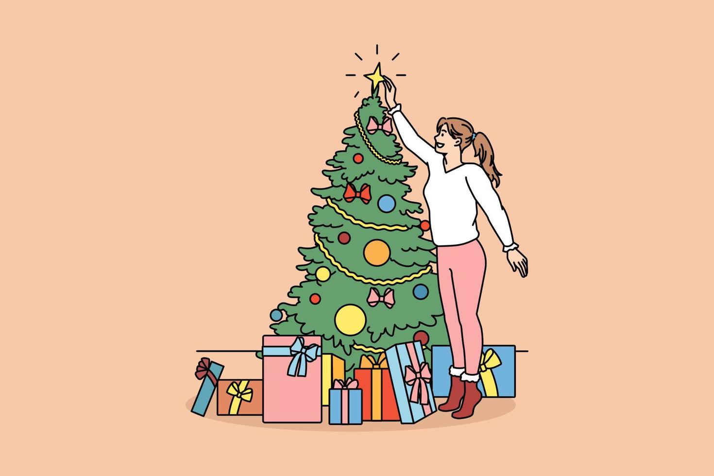 decoración y preparación para el concepto de vacaciones de invierno. niña sonriente de pie decorando el árbol de navidad y recogiendo regalos de año nuevo en cajas coloridas ilustración vectorial vector