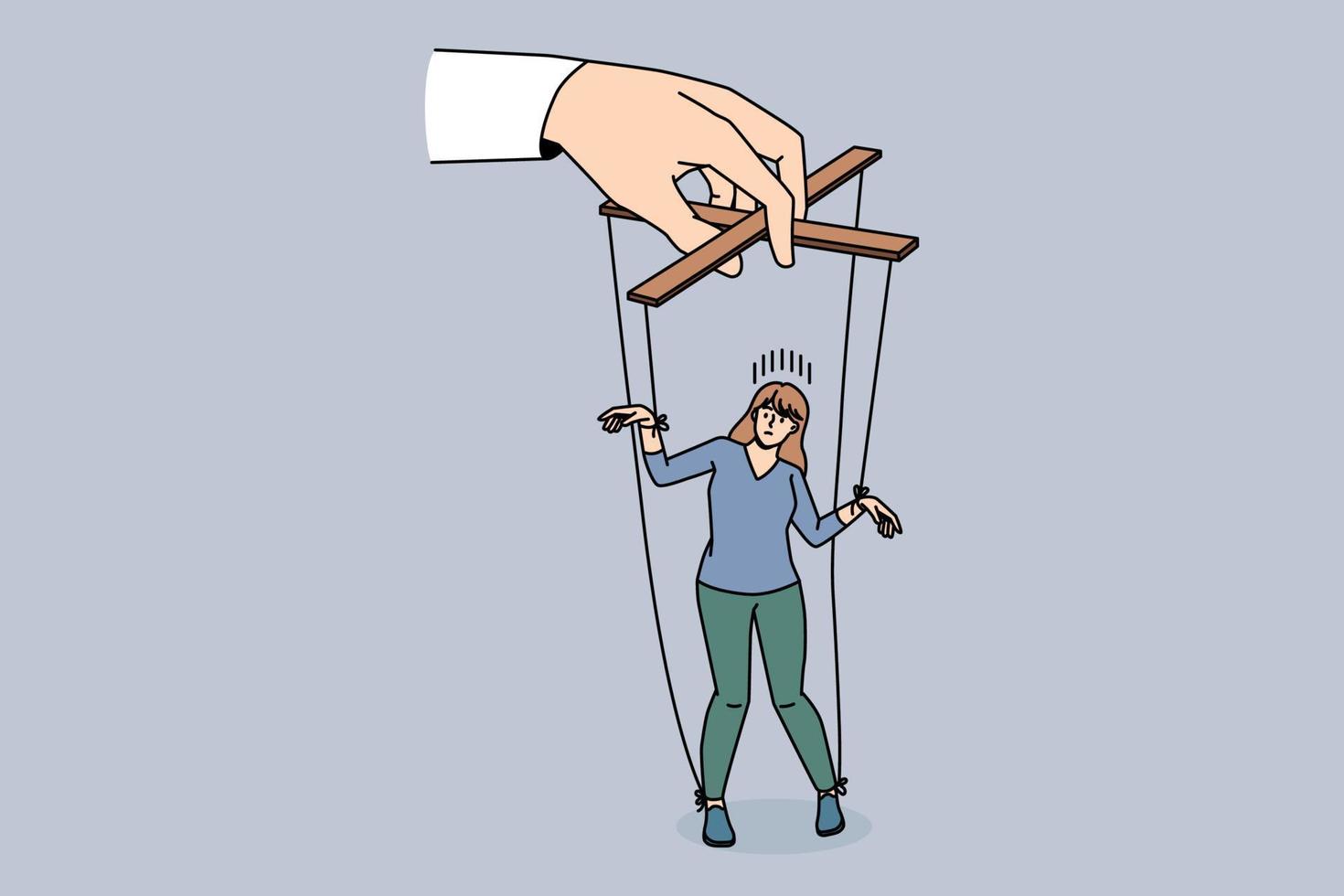 Manipulation and influence playing concept. Human hands golding young woman as marionette making her play role with strings vector illustration