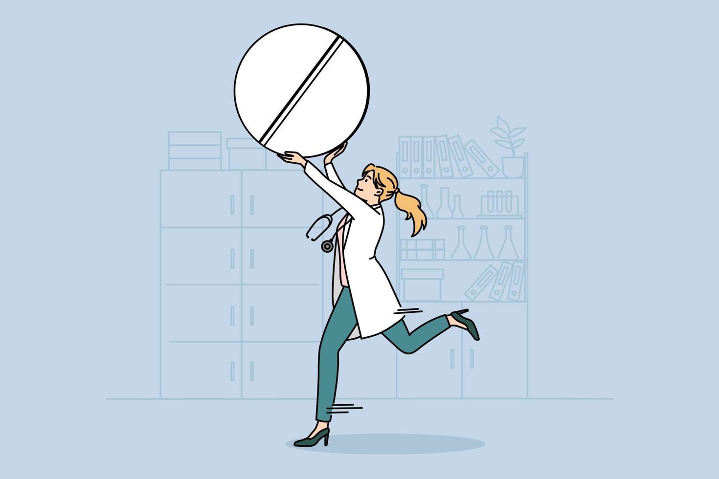 Healthcare and medical drugs concept. Young smiling woman doctor pharmacist running holding huge white pill in raised hands vector illustration