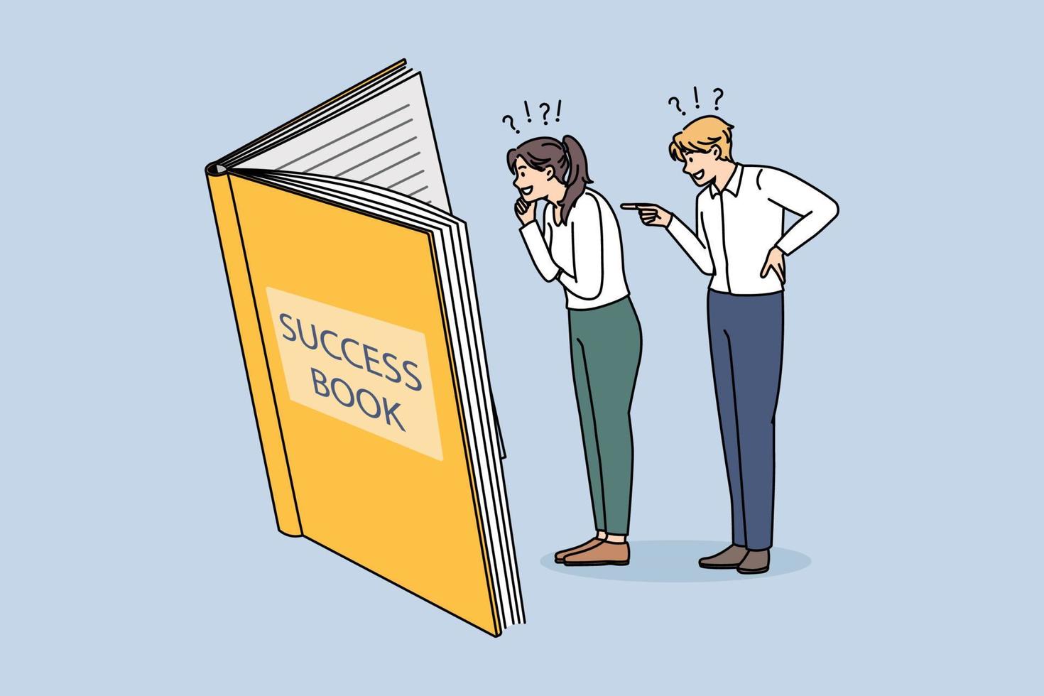 Business success and leadership concept. Two young smiling business people workers standing reading together success book for development vector illustration