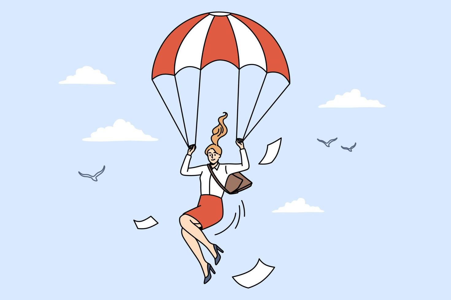 estrategia empresarial y concepto de evacuación. sonriente mujer de negocios positiva volando con papeles sosteniendo paracaídas rojo blanco en la ilustración del vector del cielo