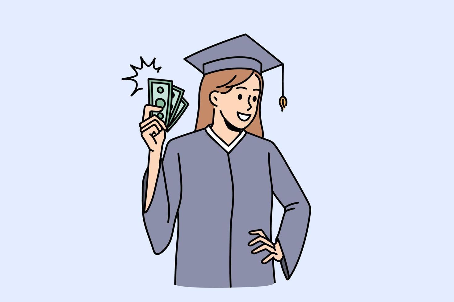 Value of good education concept. Smiling girl graduate in mantle and hat standing holding heap of green money currency in hands vector illustration