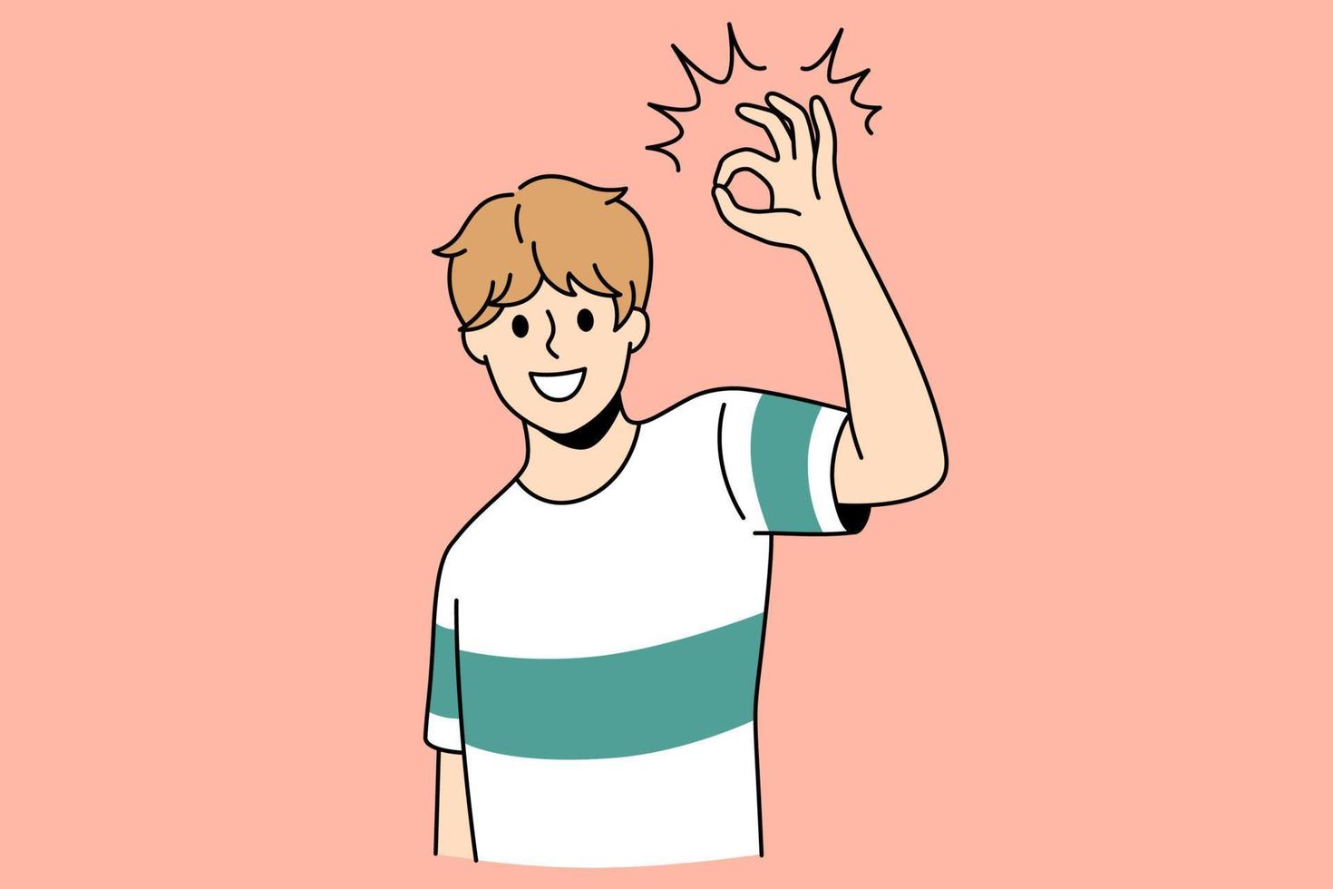 Ok and good luck sign concept. Smiling positive boy wearing t-shirt standing showing ok good sign with fingers feeling cheerful vector illustration