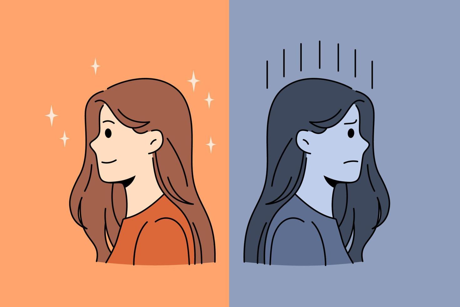 concepto de buen o mal humor. retratos de perfil de una niña feliz positiva sonriente y deprimida sombría con pensamientos negativos ilustración vectorial vector