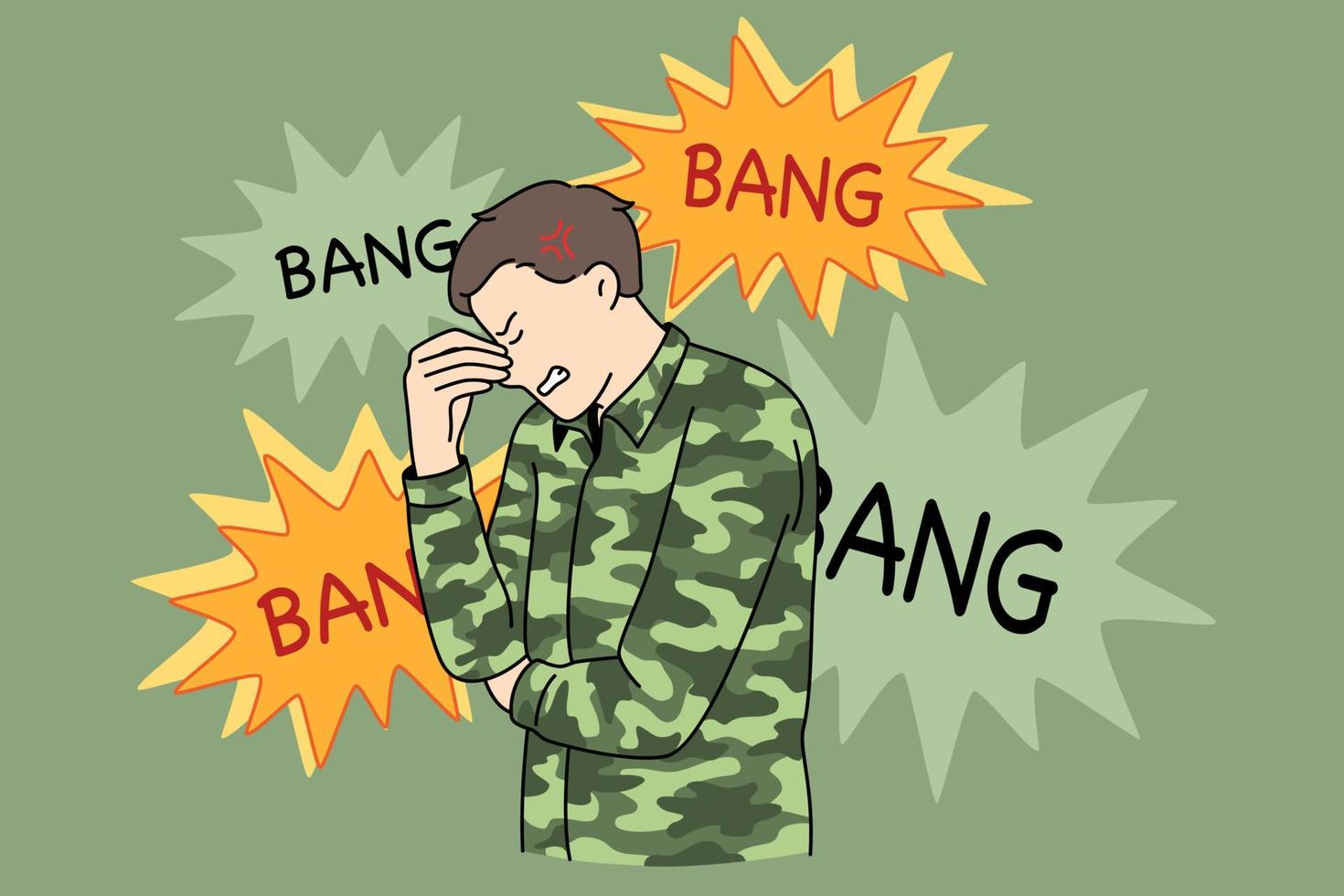 Remembering war and battle concept. Sad stressed soldier standing touching face remembering war fights and weapon battles with bang bang lettering around vector illustration