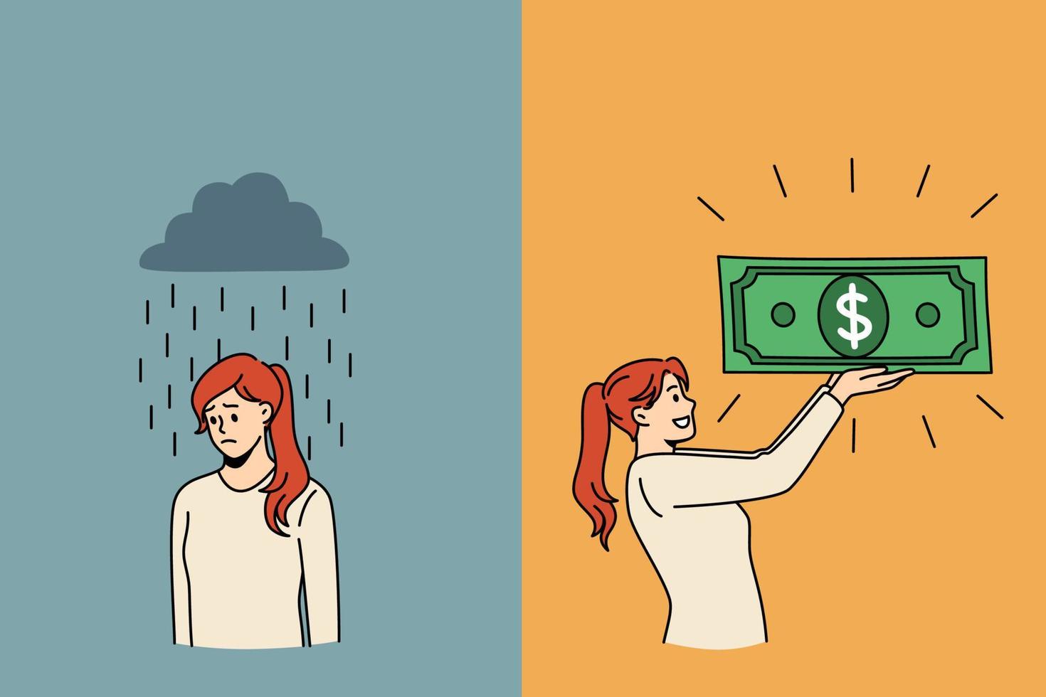 concepto de éxito de la depresión y la riqueza. triste deprimida mujer infeliz bajo la lluvia y feliz mujer sonriente sosteniendo dinero en dólares verdes en efectivo en las manos ilustración vectorial vector