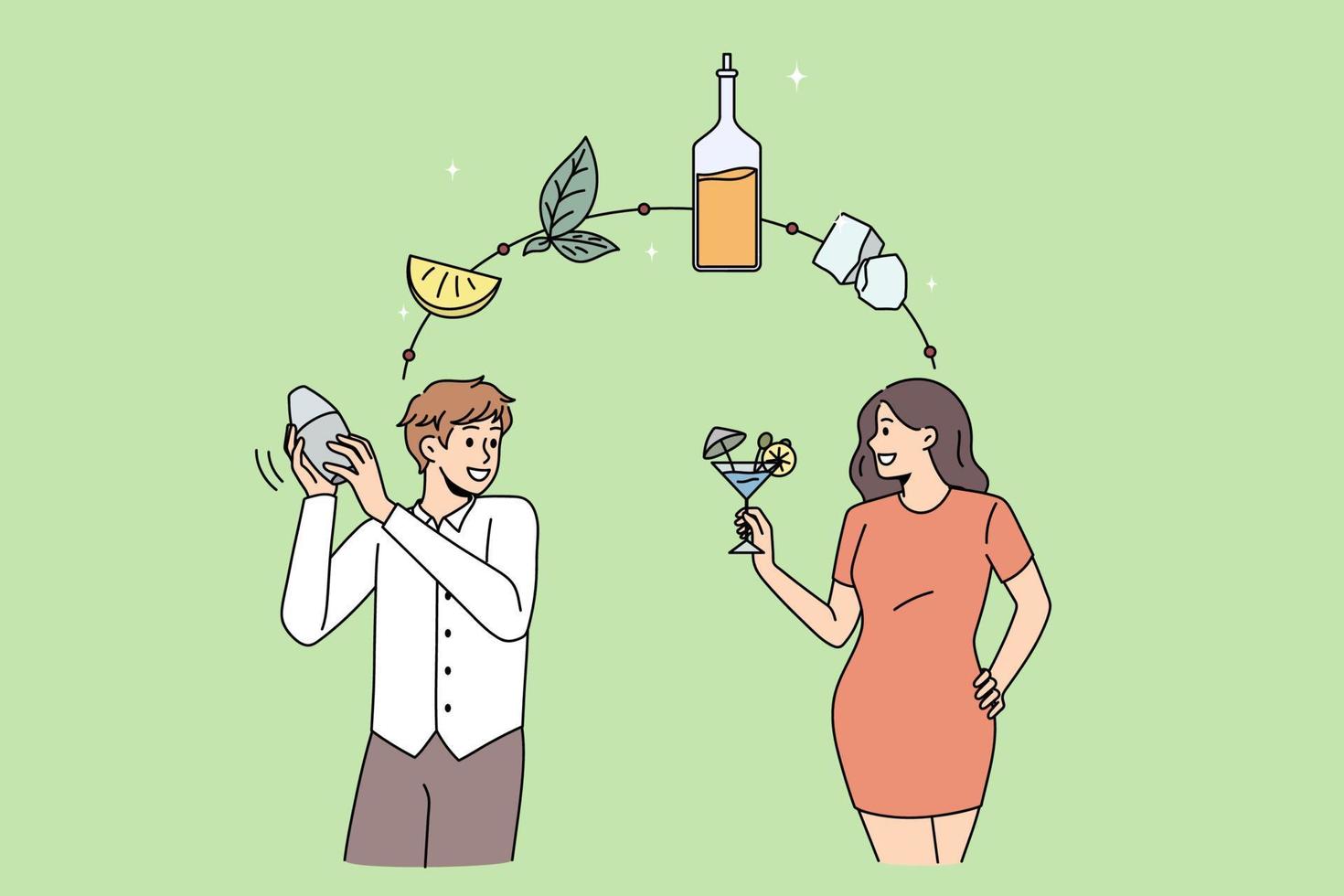 Refreshing drink and cocktail concept. Young woman client standing and holding glass of alcohol cocktail with ingredients lemon mint ice and run above and water shaking it vector illustration