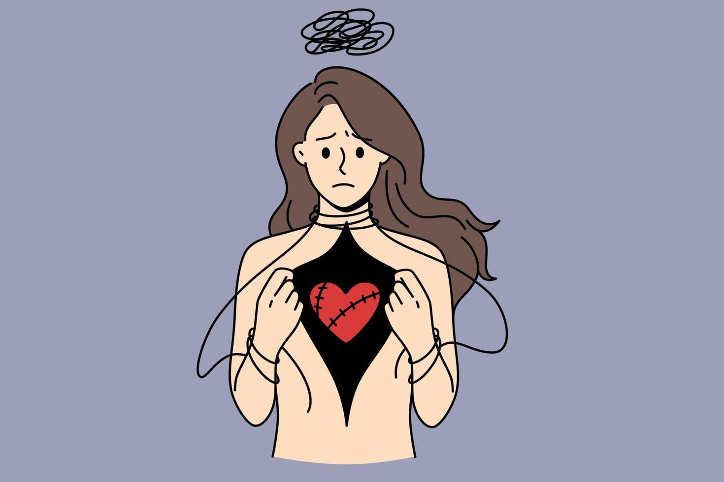 Depression and love hurting concept. Stressed depressed woman standing and showing her red injured heart in breast vector illustration