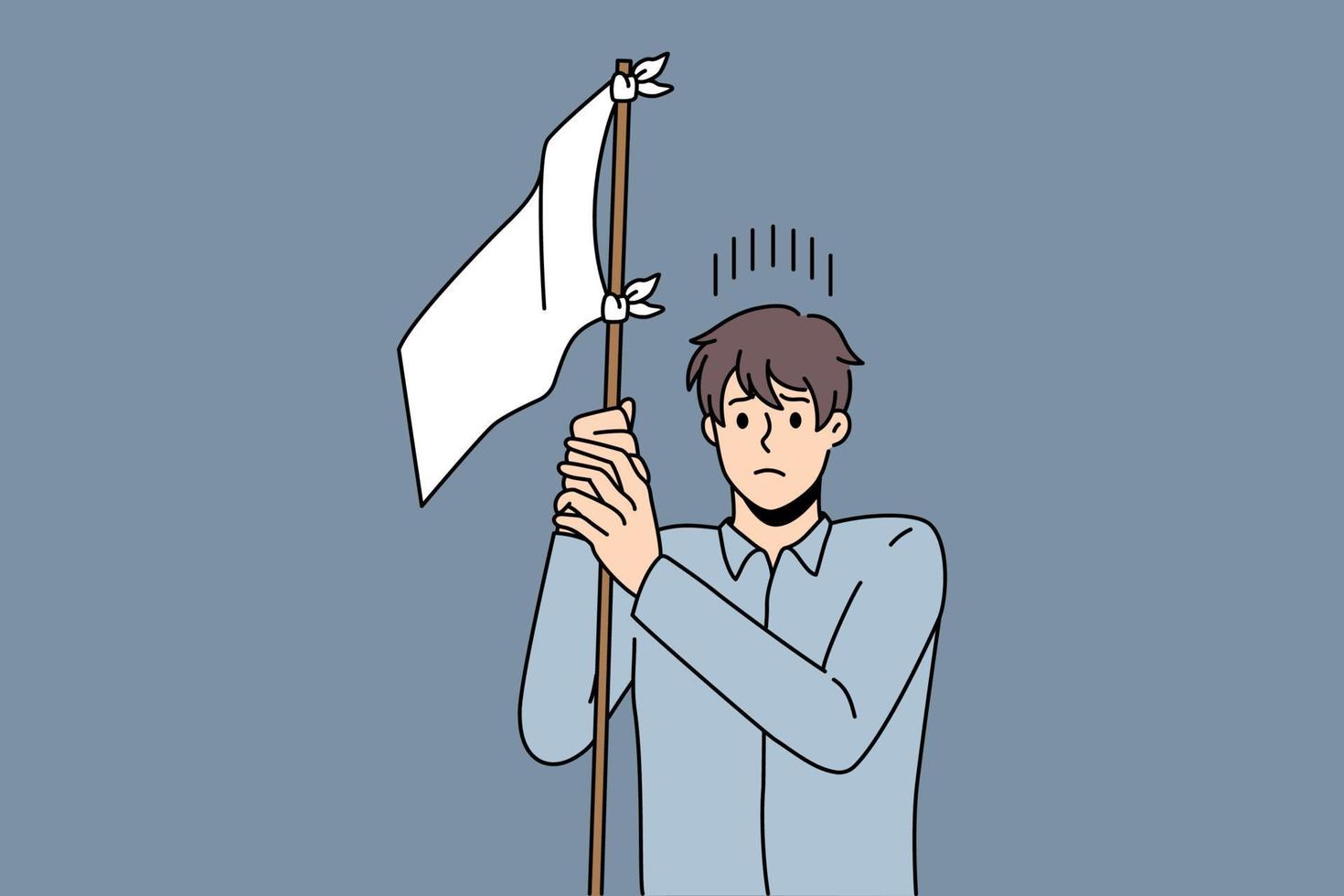 Frustration and lost strategy in business. Young thinking businessman with frustrated face standing and holding white flag on stick trying to orient in market vector illustration