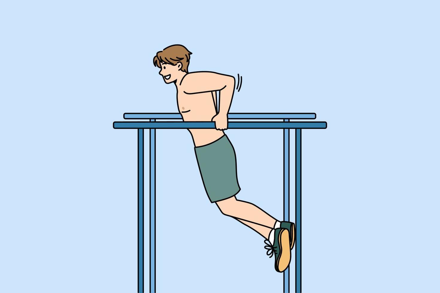 Outdoor sport training and workout concept. Positive young man athlete doing workout pulling up on horizontal bar outdoors vector illustration