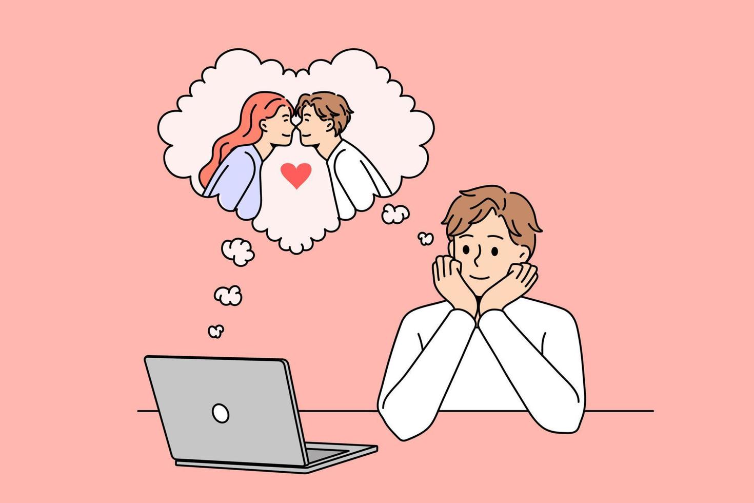 Dreaming of love and online dating concept. Smiling boy sitting at laptop dreaming of his girlfriend imagining their date online vector illustration