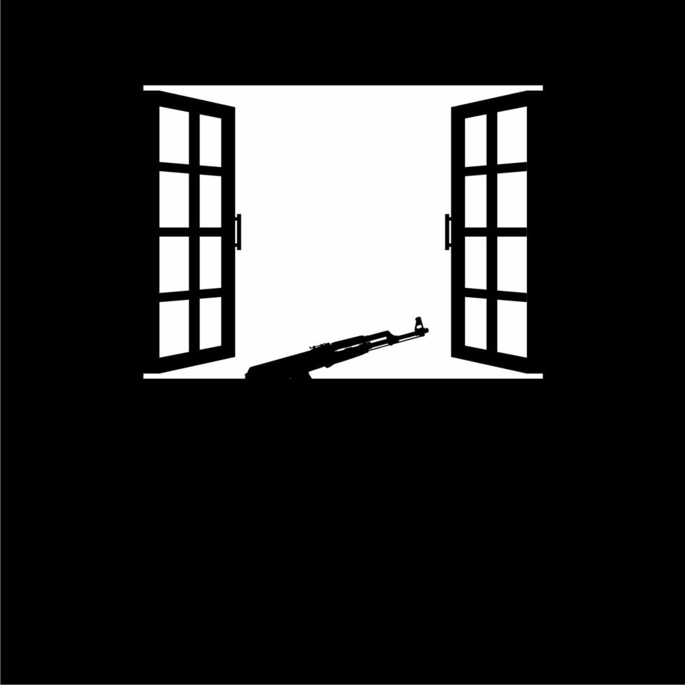 Machine Gun on the Windows. Silhouette Visual of the Dramatical of the War, Conflict, Combat and or Battle. Vector Illustration