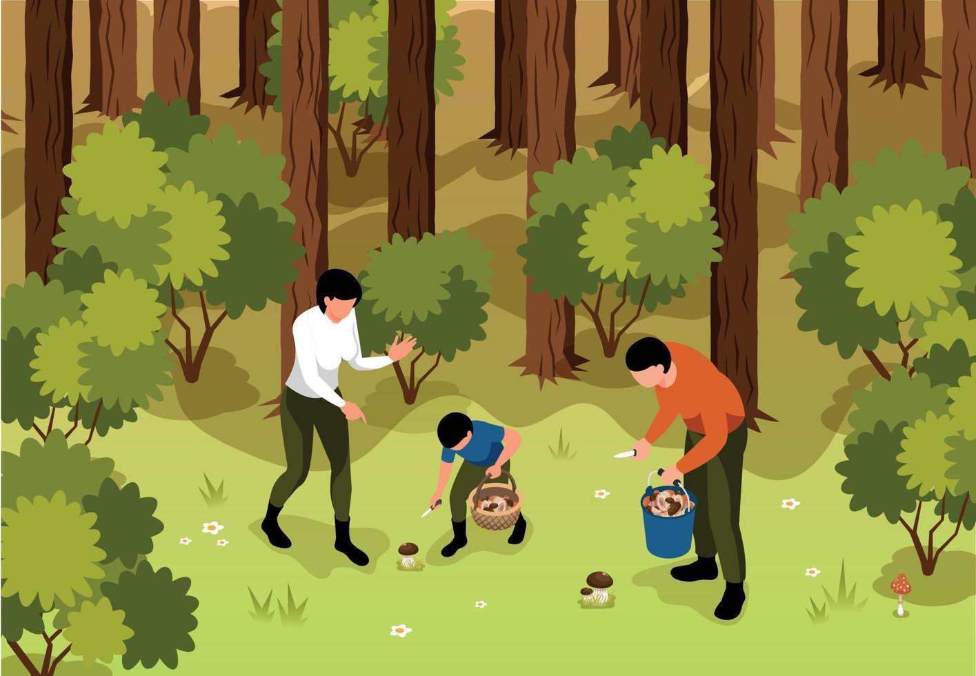 Forest Mushroom Pickers Composition vector